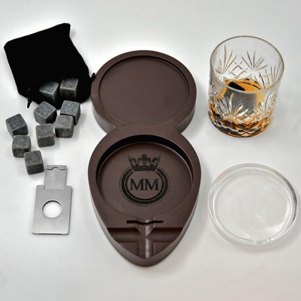 Set cadou pentru trabuc și whisky cu pahar și accesorii
